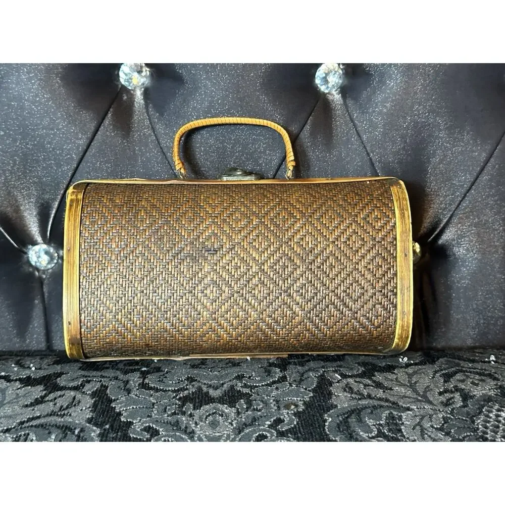 Vintage Hard Wood Shell Woven Brown Purse Hand Bag Ethnic Handmade Boho Coastal